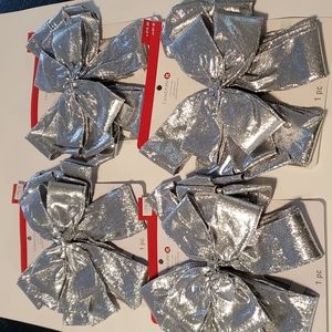 4 Large Silver Christmas Holiday Bows 10"x22"